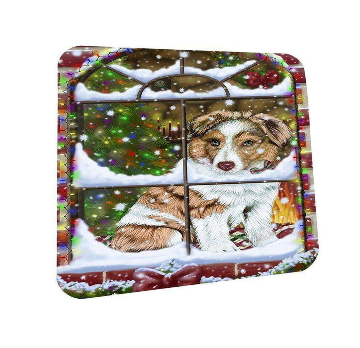 Please Come Home For Christmas Australian Shepherd Dog Sitting In Window Coasters Set of 4