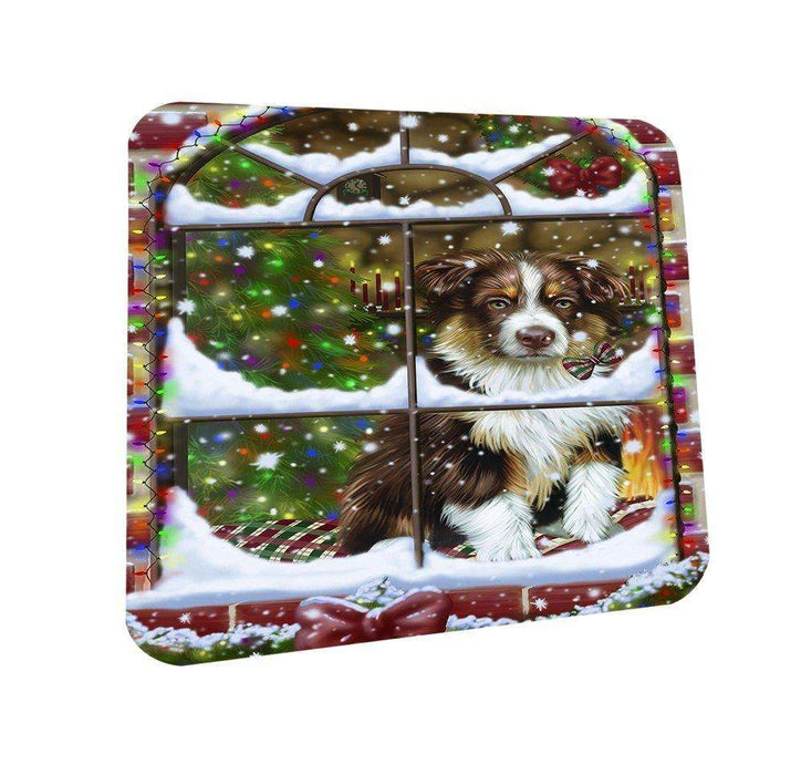 Please Come Home For Christmas Australian Shepherd Dog Sitting In Window Coasters Set of 4