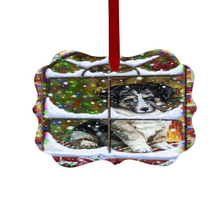 Please Come Home For Christmas Australian Shepherd Dog Sitting In Window Double-Sided Photo Benelux Christmas Ornament LOR49121