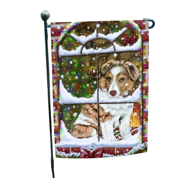 Please Come Home For Christmas Australian Shepherd Dog Sitting In Window Garden Flag