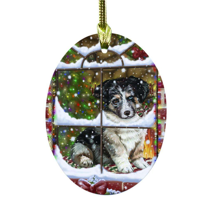 Please Come Home For Christmas Australian Shepherd Dog Sitting In Window Oval Glass Christmas Ornament OGOR49121