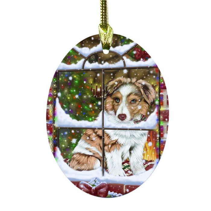 Please Come Home For Christmas Australian Shepherd Dog Sitting In Window Oval Glass Christmas Ornament OGOR49122