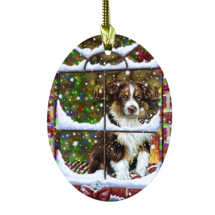 Please Come Home For Christmas Australian Shepherd Dog Sitting In Window Oval Glass Christmas Ornament OGOR49123