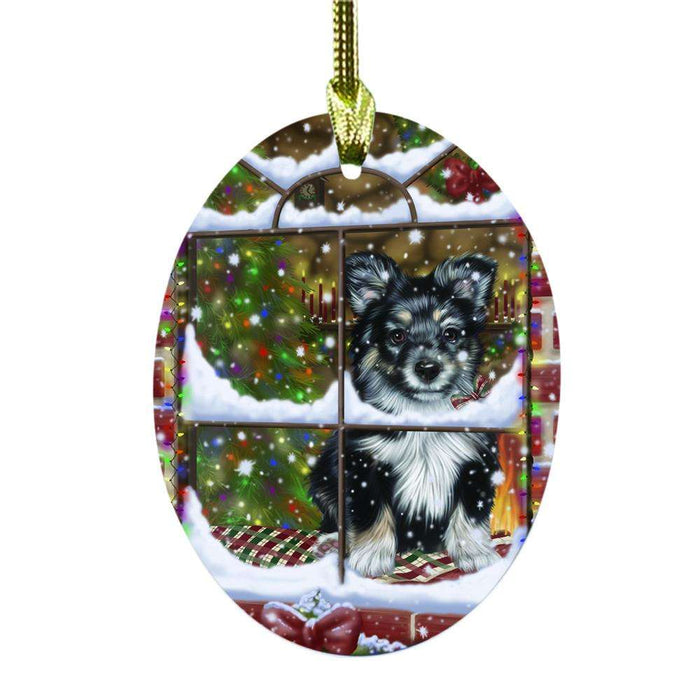 Please Come Home For Christmas Australian Shepherd Dog Sitting In Window Oval Glass Christmas Ornament OGOR49124