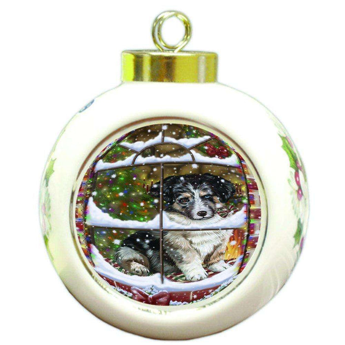 Please Come Home For Christmas Australian Shepherd Dog Sitting In Window Round Ball Ornament D378