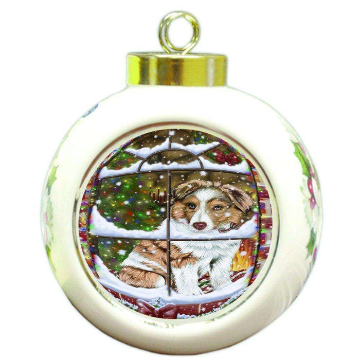 Please Come Home For Christmas Australian Shepherd Dog Sitting In Window Round Ball Ornament D379