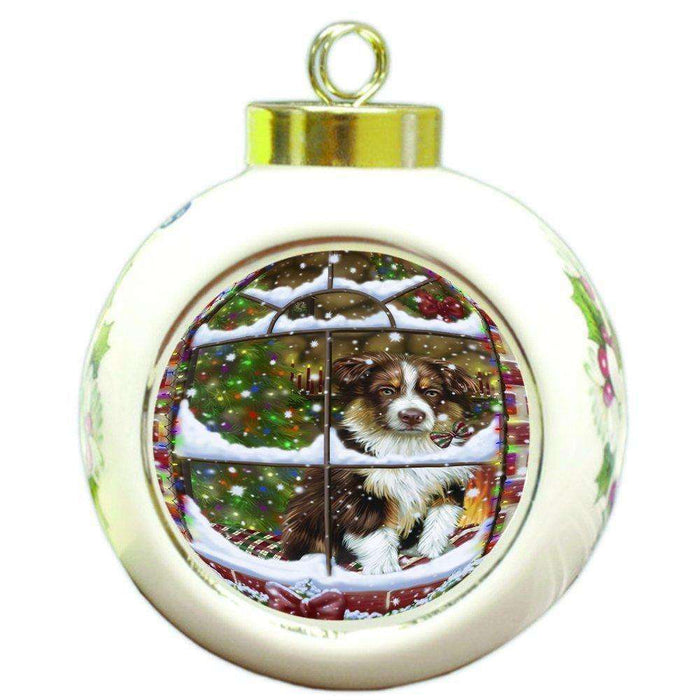 Please Come Home For Christmas Australian Shepherd Dog Sitting In Window Round Ball Ornament D380