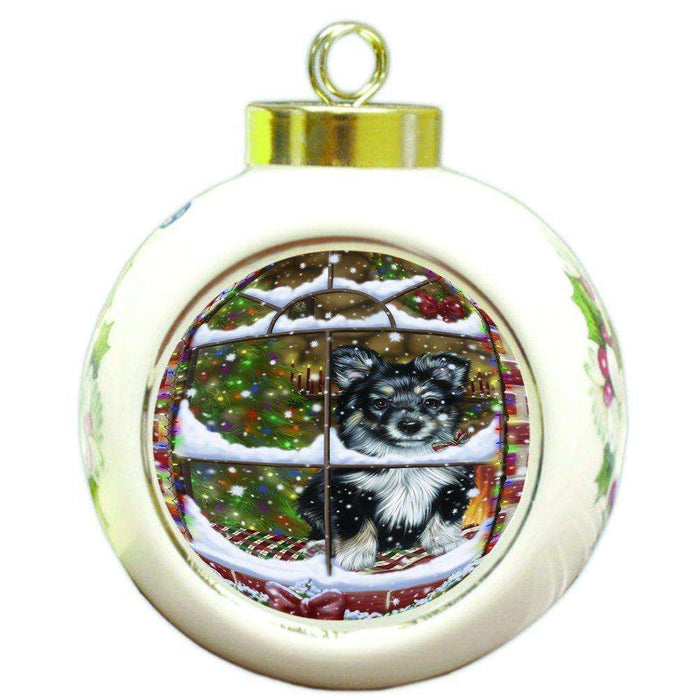 Please Come Home For Christmas Australian Shepherd Dog Sitting In Window Round Ball Ornament D381
