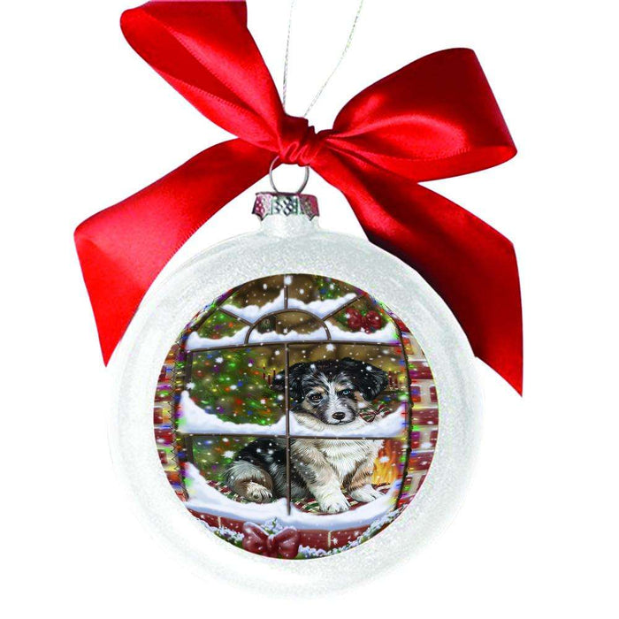 Please Come Home For Christmas Australian Shepherd Dog Sitting In Window White Round Ball Christmas Ornament WBSOR49121
