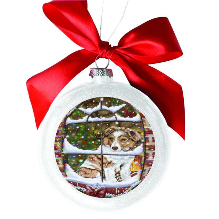 Please Come Home For Christmas Australian Shepherd Dog Sitting In Window White Round Ball Christmas Ornament WBSOR49122