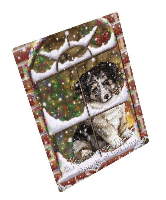 Please Come Home For Christmas Australian Shepherds Dog Sitting In Window Art Portrait Print Woven Throw Sherpa Plush Fleece Blanket