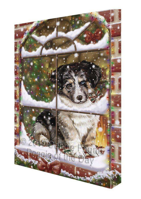 Please Come Home For Christmas Australian Shepherds Dog Sitting In Window Canvas Wall Art