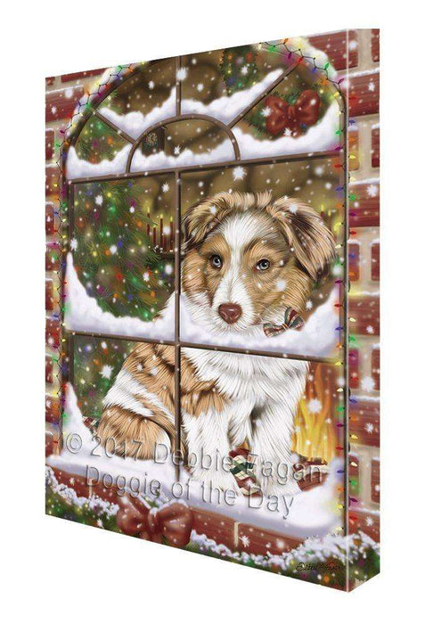 Please Come Home For Christmas Australian Shepherds Dog Sitting In Window Painting Printed on Canvas Wall Art