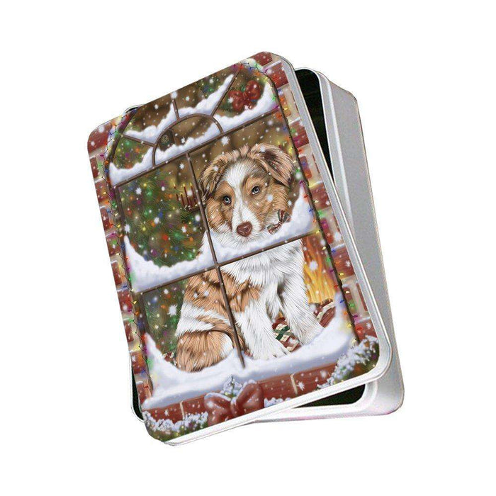 Please Come Home For Christmas Australian Shepherds Dog Sitting In Window Photo Storage Tin