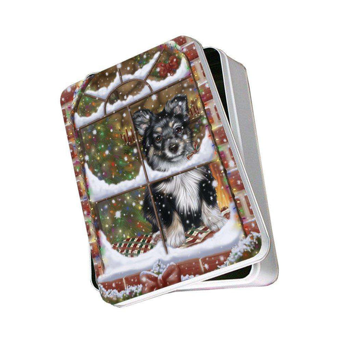 Please Come Home For Christmas Australian Shepherds Dog Sitting In Window Photo Storage Tin