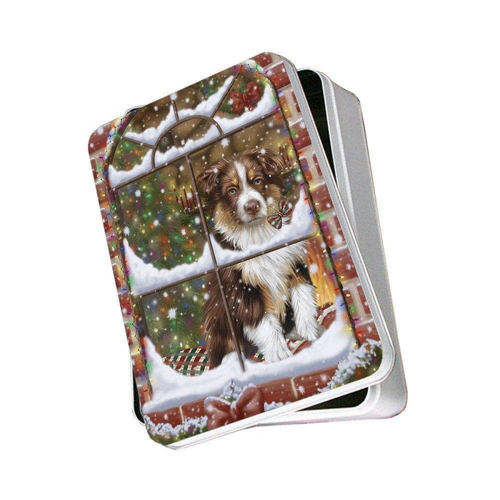 Please Come Home For Christmas Australian Shepherds Dog Sitting In Window Photo Storage Tin