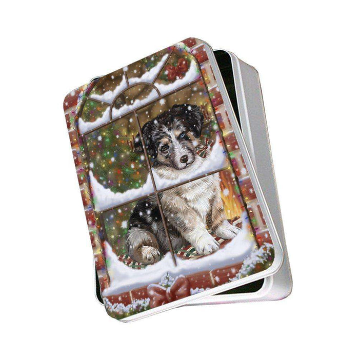 Please Come Home For Christmas Australian Shepherds Dog Sitting In Window Photo Storage Tin