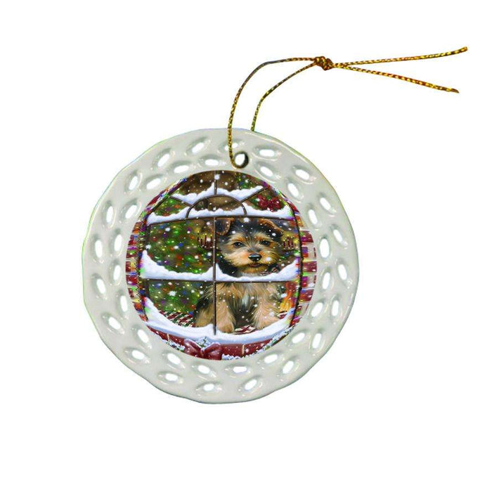 Please Come Home For Christmas Australian Terrier Dog Sitting In Window Ceramic Doily Ornament DPOR53612