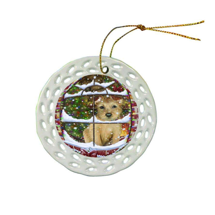 Please Come Home For Christmas Australian Terrier Dog Sitting In Window Ceramic Doily Ornament DPOR53613
