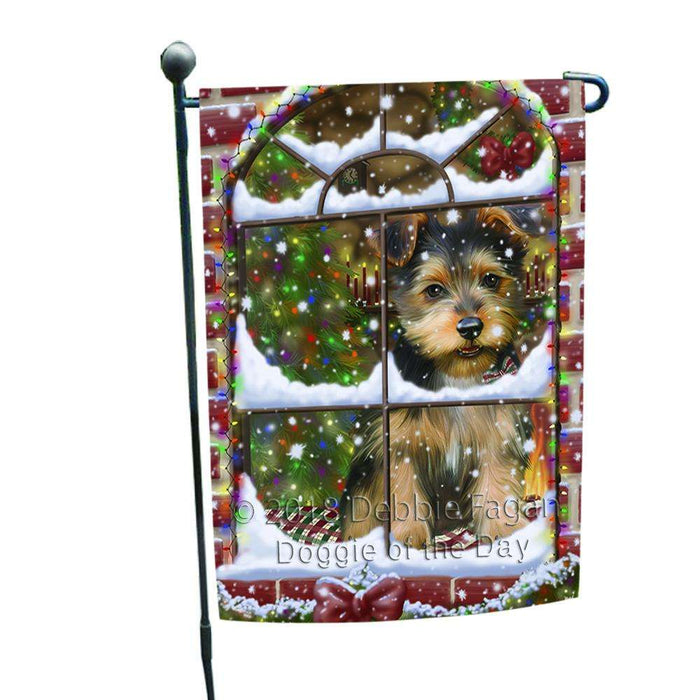 Please Come Home For Christmas Australian Terrier Dog Sitting In Window Garden Flag GFLG53674