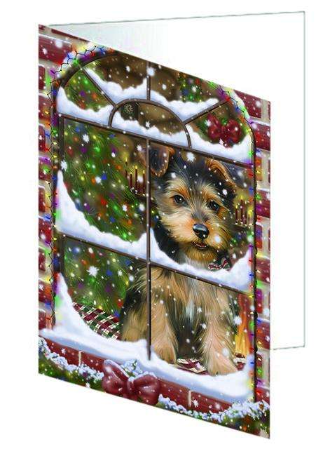 Please Come Home For Christmas Australian Terrier Dog Sitting In Window Handmade Artwork Assorted Pets Greeting Cards and Note Cards with Envelopes for All Occasions and Holiday Seasons GCD64865