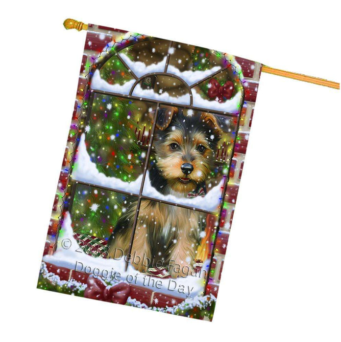 Please Come Home For Christmas Australian Terrier Dog Sitting In Window House Flag FLG53810