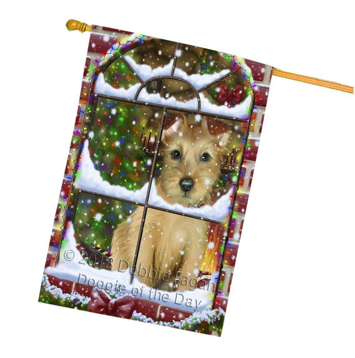 Please Come Home For Christmas Australian Terrier Dog Sitting In Window House Flag FLG53811