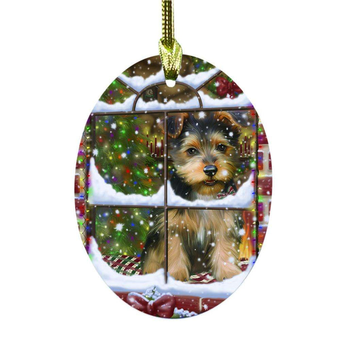Please Come Home For Christmas Australian Terrier Dog Sitting In Window Oval Glass Christmas Ornament OGOR49125