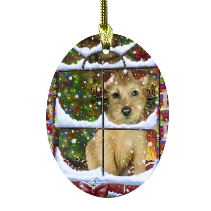 Please Come Home For Christmas Australian Terrier Dog Sitting In Window Oval Glass Christmas Ornament OGOR49126