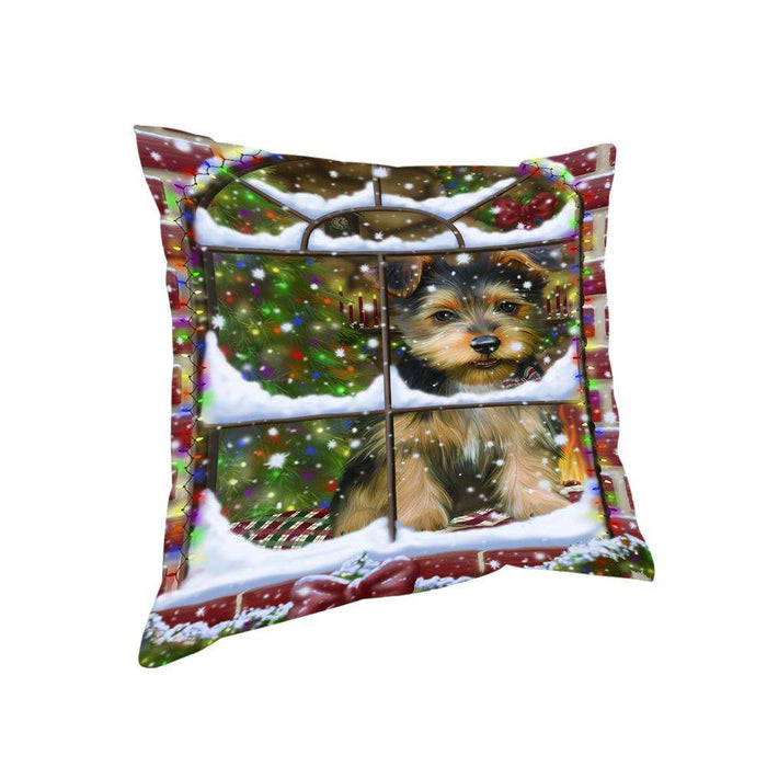 Please Come Home For Christmas Australian Terrier Dog Sitting In Window Pillow PIL71072