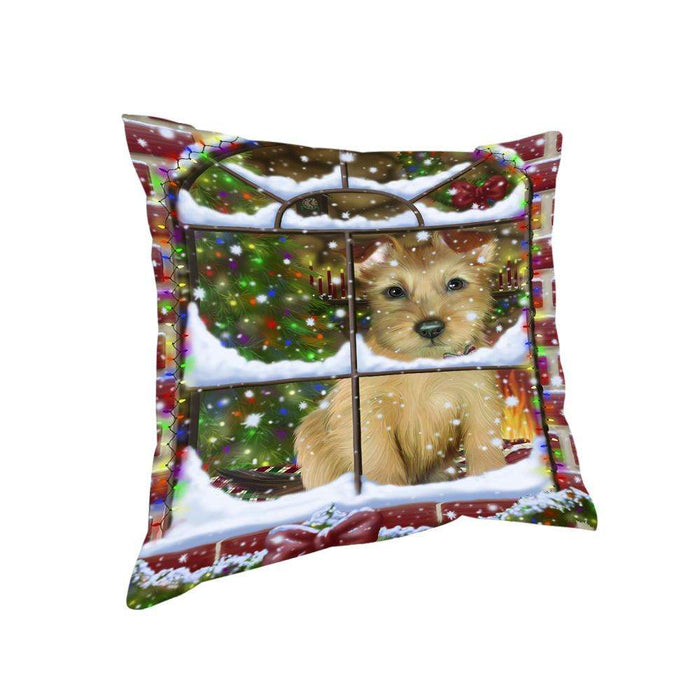 Please Come Home For Christmas Australian Terrier Dog Sitting In Window Pillow PIL71076