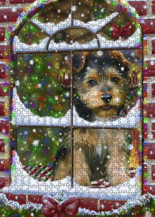 Please Come Home For Christmas Australian Terrier Dog Sitting In Window Puzzle with Photo Tin PUZL81604