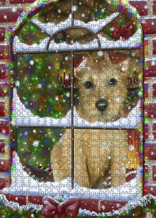 Please Come Home For Christmas Australian Terrier Dog Sitting In Window Puzzle with Photo Tin PUZL81608