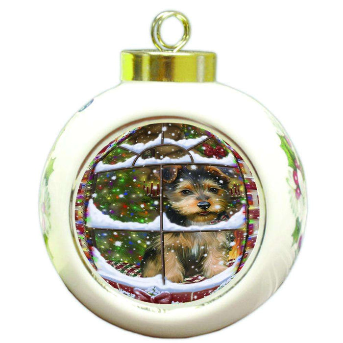 Please Come Home For Christmas Australian Terrier Dog Sitting In Window Round Ball Christmas Ornament RBPOR53612