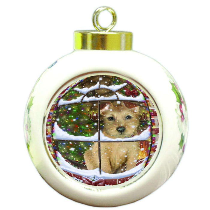 Please Come Home For Christmas Australian Terrier Dog Sitting In Window Round Ball Christmas Ornament RBPOR53613