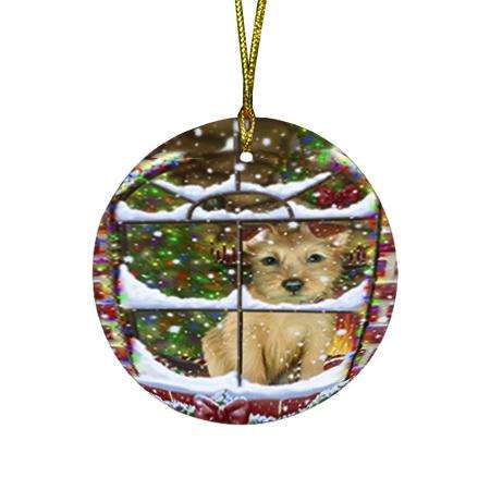 Please Come Home For Christmas Australian Terrier Dog Sitting In Window Round Flat Christmas Ornament RFPOR53604
