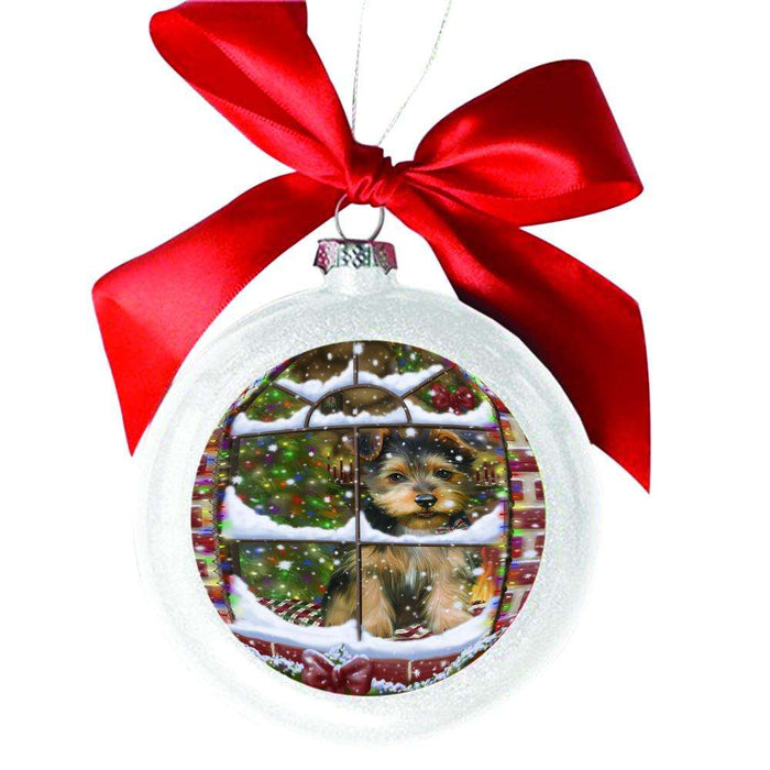 Please Come Home For Christmas Australian Terrier Dog Sitting In Window White Round Ball Christmas Ornament WBSOR49125