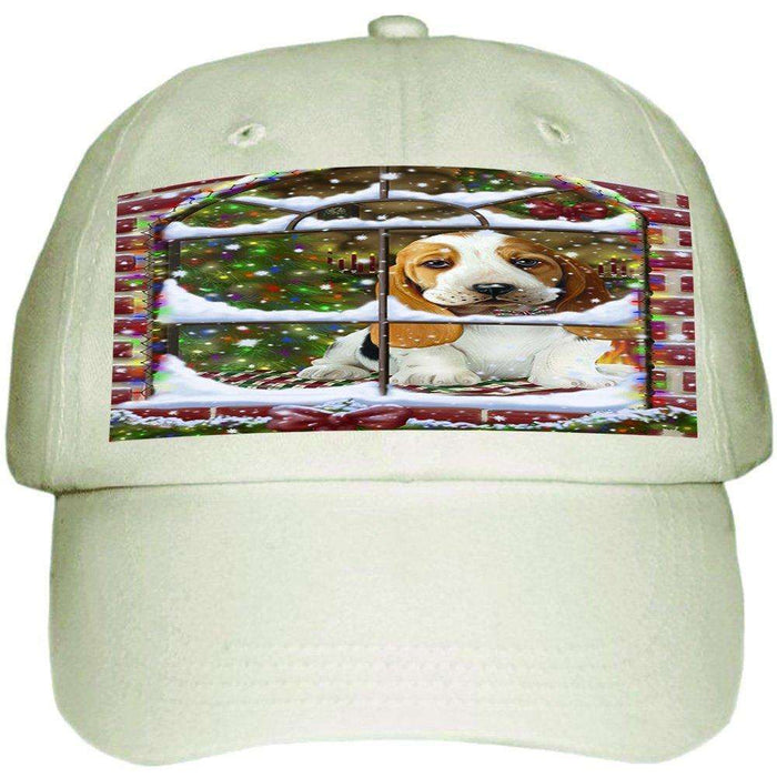 Please Come Home For Christmas Basset Hound Dog Sitting In Window Ball Hat Cap HAT48864 (White)