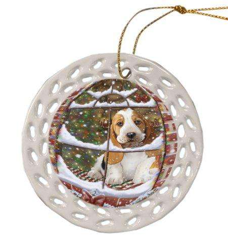 Please Come Home For Christmas Basset Hound Dog Sitting In Window Ceramic Doily Ornament DPOR48542