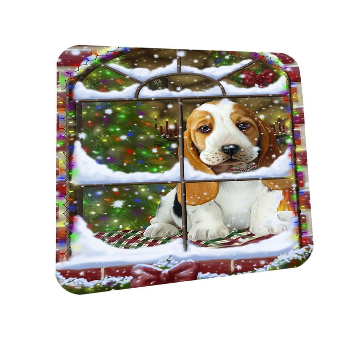 Please Come Home For Christmas Basset Hound Dog Sitting In Window Coasters Set of 4 CST48336