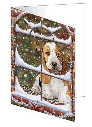 Please Come Home For Christmas Basset Hound Dog Sitting In Window Handmade Artwork Assorted Pets Greeting Cards and Note Cards with Envelopes for All Occasions and Holiday Seasons GCD49307