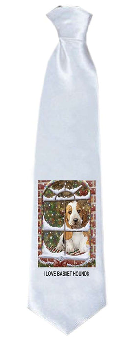 Please Come Home For Christmas Basset Hound Dog Sitting In Window Neck Tie TIE48202
