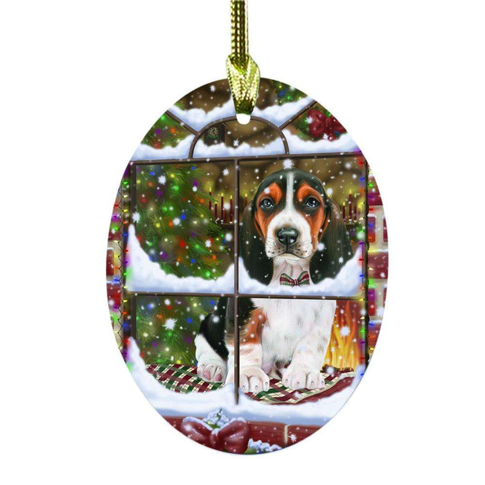 Please Come Home For Christmas Basset Hound Dog Sitting In Window Oval Glass Christmas Ornament OGOR49127