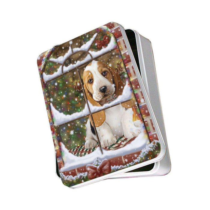 Please Come Home For Christmas Basset Hound Dog Sitting In Window Photo Storage Tin PITN48377