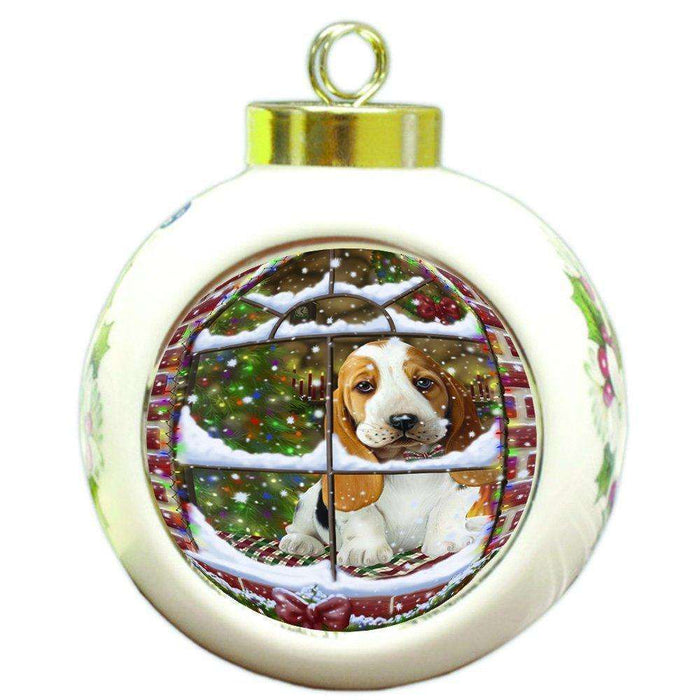 Please Come Home For Christmas Basset Hound Dog Sitting In Window Round Ball Christmas Ornament RBPOR48377