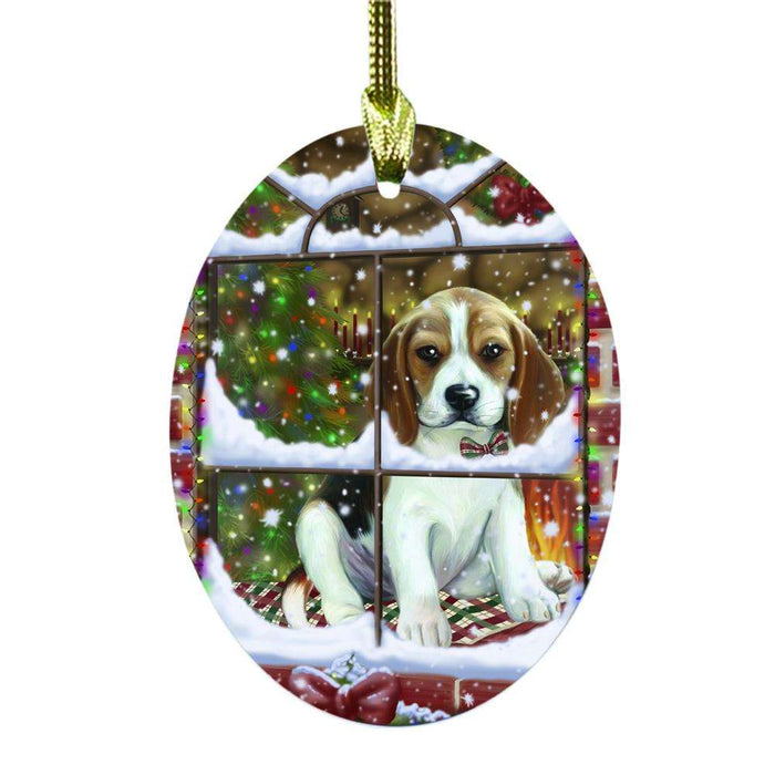 Please Come Home For Christmas Beagle Dog Sitting In Window Oval Glass Christmas Ornament OGOR49128