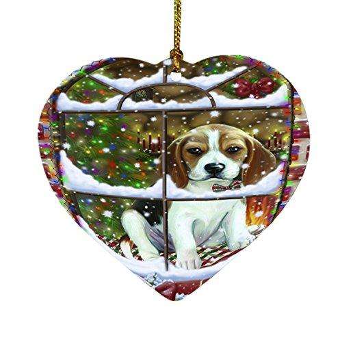 Please Come Home For Christmas Beagles Dog Sitting In Window Heart Ornament D354