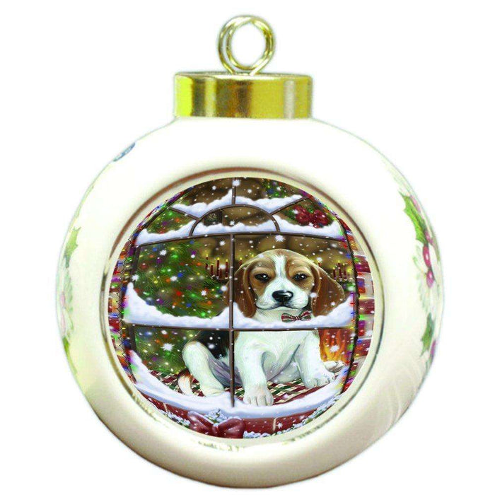 Please Come Home For Christmas Beagles Dog Sitting In Window Round Ball Ornament D382