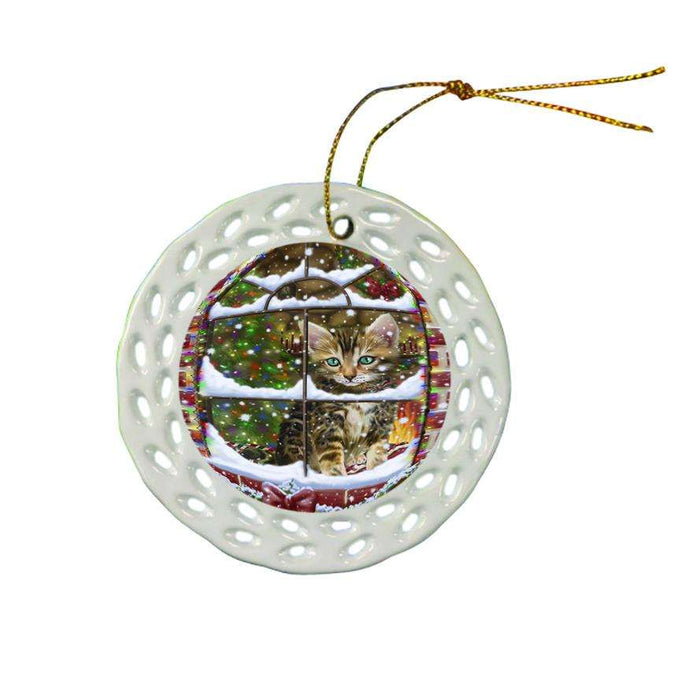 Please Come Home For Christmas Bengal Cat Sitting In Window Ceramic Doily Ornament DPOR53614