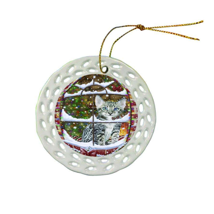 Please Come Home For Christmas Bengal Cat Sitting In Window Ceramic Doily Ornament DPOR53615